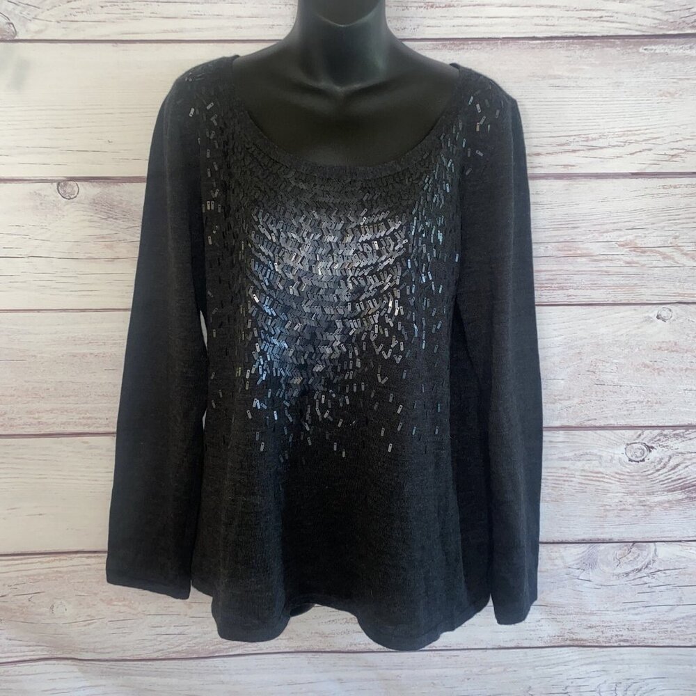 EILEEN FISHER WOMENS SEQUINED MERINO WOOL TOP XL Charcoal Gray Sweater
